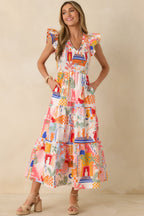 Women's Where the Sun Goes Orange & Pink Multi Cotton V-Neck Flutter Sleeve Maxi Dress | 100% Cotton 2