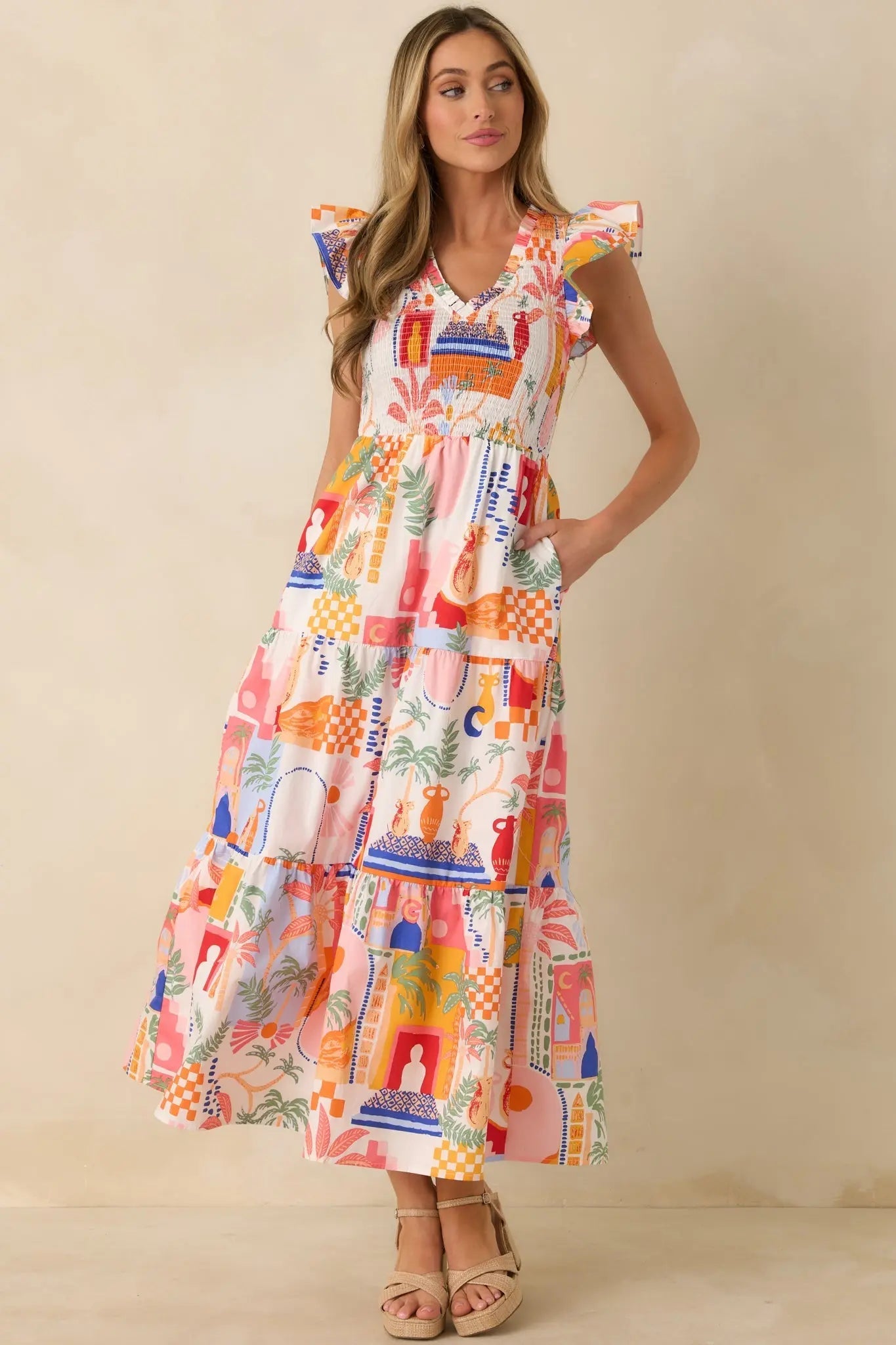 Women's Where the Sun Goes Orange & Pink Multi Cotton V-Neck Flutter Sleeve Maxi Dress | 100% Cotton 3