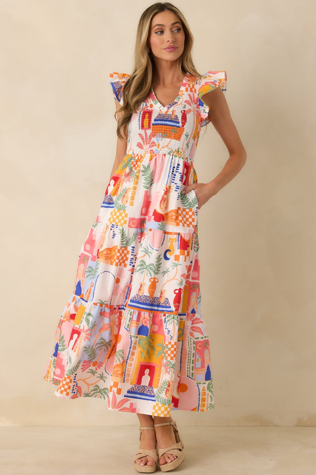 Women's Where the Sun Goes Orange & Pink Multi Cotton V-Neck Flutter Sleeve Maxi Dress | 100% Cotton 3