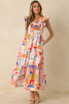 Women's Where the Sun Goes Orange & Pink Multi Cotton V-Neck Flutter Sleeve Maxi Dress | 100% Cotton 3