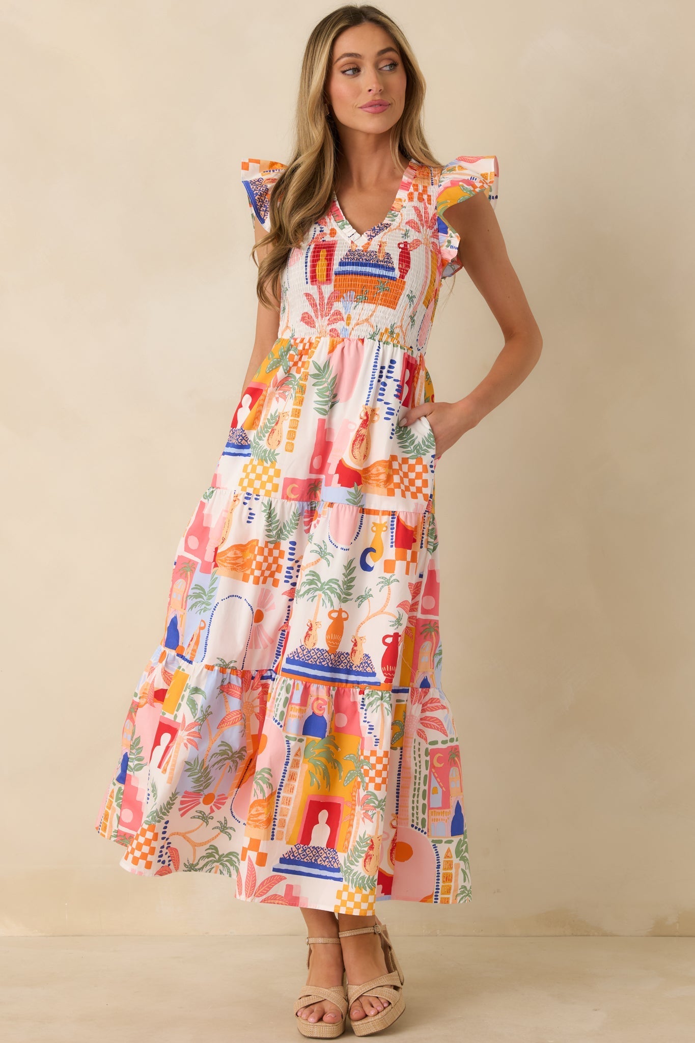 Women's Where the Sun Goes Orange & Pink Multi Cotton V-Neck Flutter Sleeve Maxi Dress | 100% Cotton 3