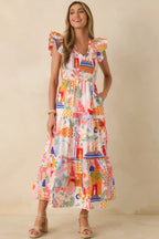 Women's Where the Sun Goes Orange & Pink Multi Cotton V-Neck Flutter Sleeve Maxi Dress | 100% Cotton 4