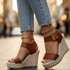 Brown colorblock platform wedge sandals detail