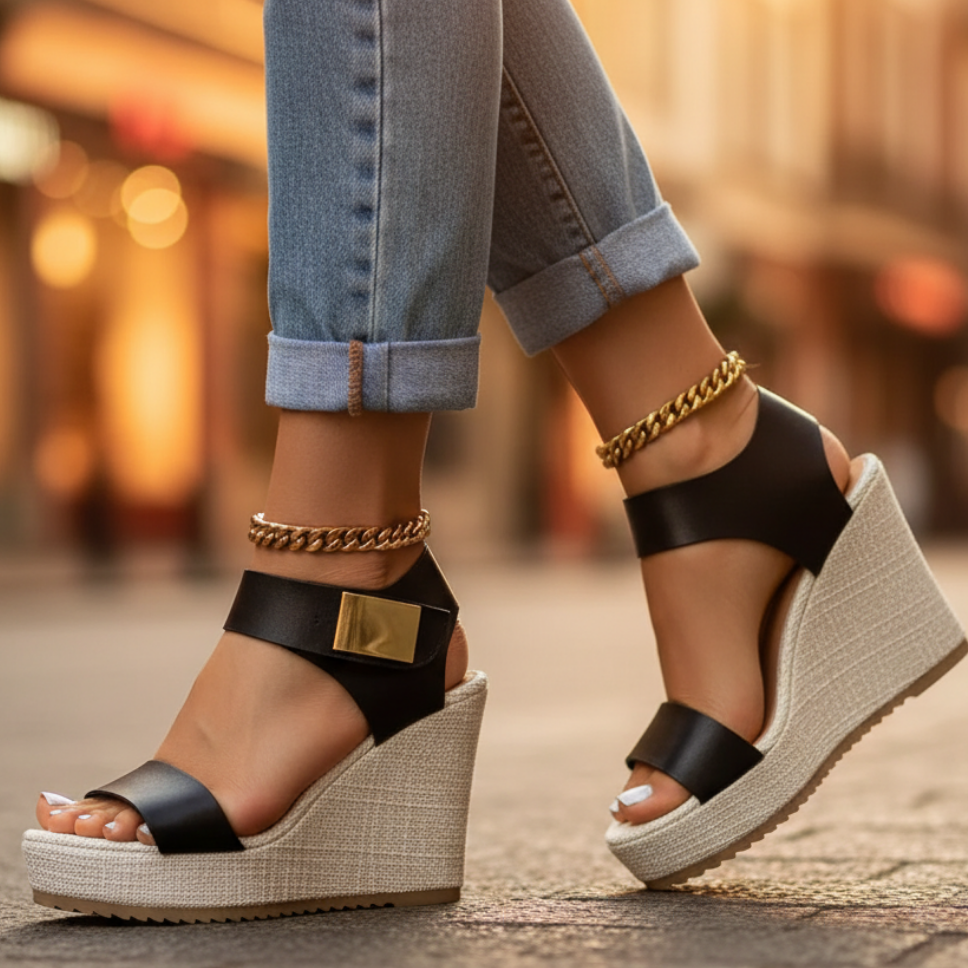 Black colorblock platform wedge ankle-strap sandals
