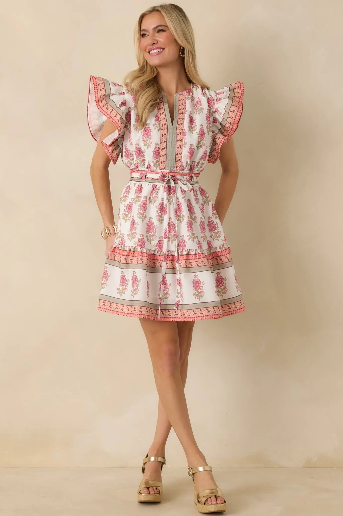 Women's Whispers Of Spring White Floral Flutter Sleeve Mini Dress | 100% Polyester 0