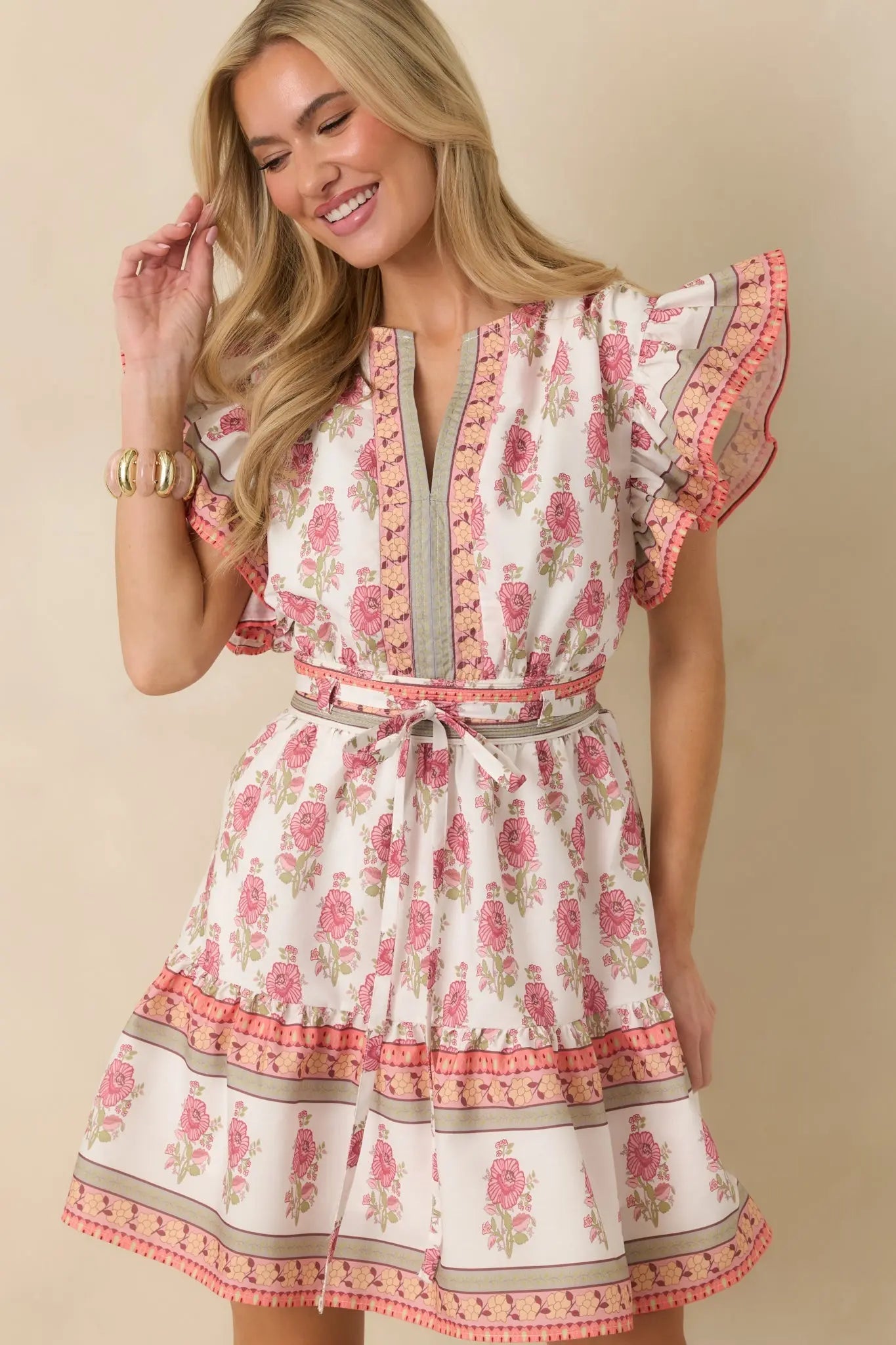 Women's Whispers Of Spring White Floral Flutter Sleeve Mini Dress | 100% Polyester 4