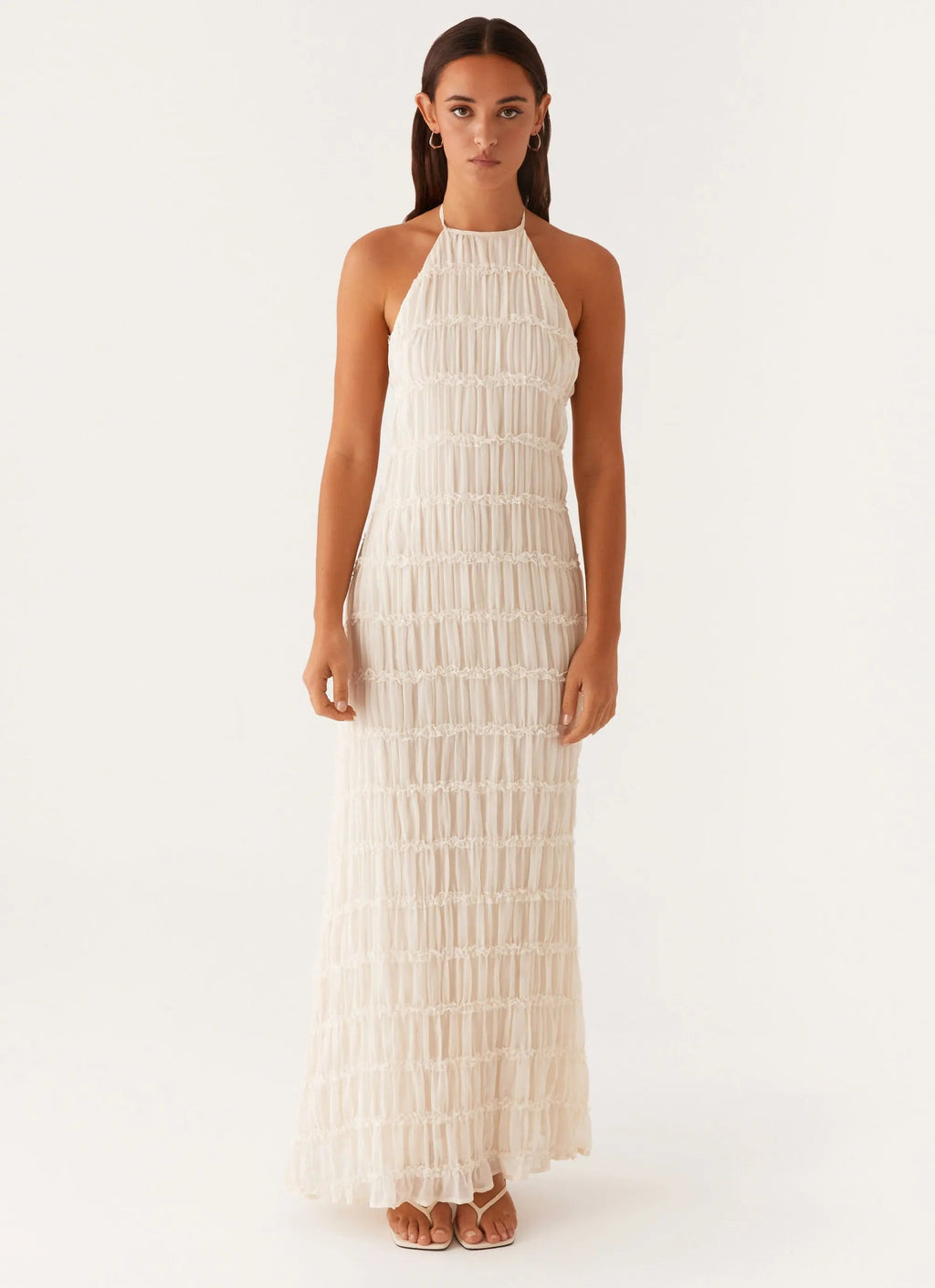 Women's White Maxi Dress with Halter Neckline & Lace Detailing | Chic Long Dress for Effortless Sophistication - Women's 2