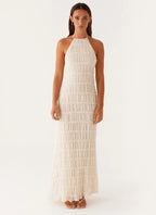 Women's White Maxi Dress with Halter Neckline & Lace Detailing | Chic Long Dress for Effortless Sophistication - Women's 2