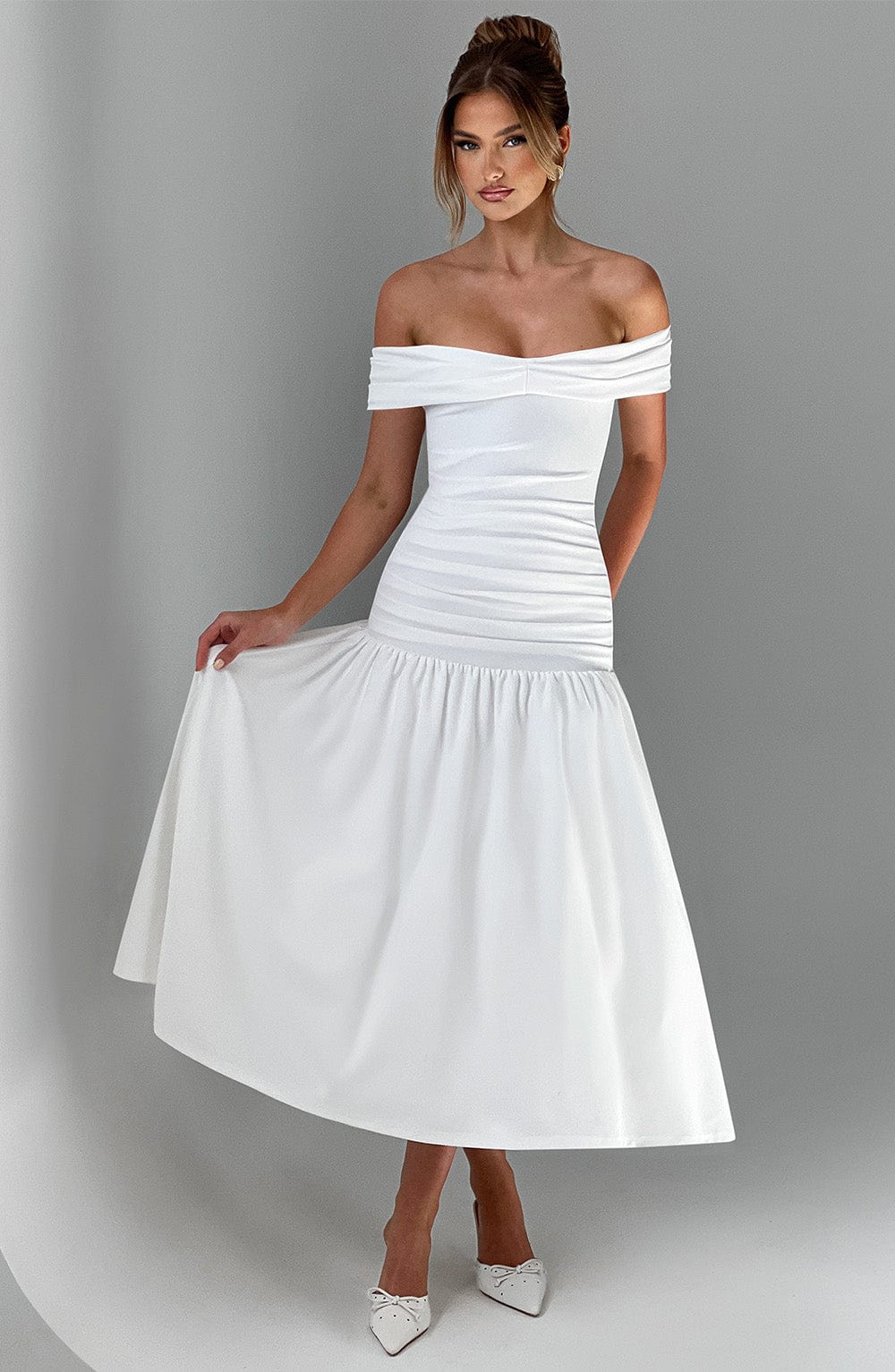 Wilhelmina | Women's Midaxi Dress with Pleated Bardot Neckline | Elegant Style for Special Occasions