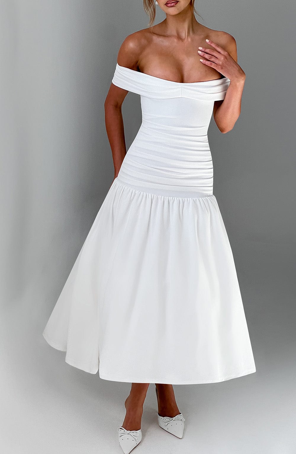 Wilhelmina | Women's Midaxi Dress with Pleated Bardot Neckline | Elegant Style for Special Occasions