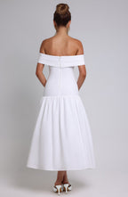 Wilhelmina | Women's Midaxi Dress with Pleated Bardot Neckline | Elegant Style for Special Occasions