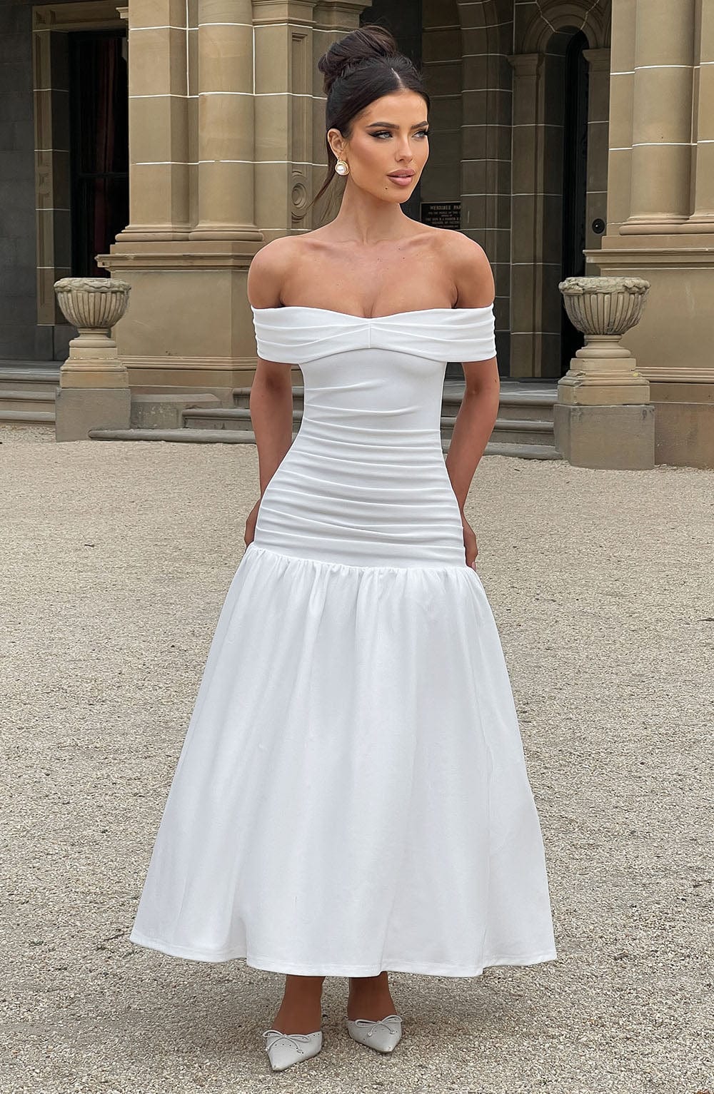 Wilhelmina | Women's Midaxi Dress with Pleated Bardot Neckline | Elegant Style for Special Occasions