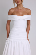 Wilhelmina | Women's Midaxi Dress with Pleated Bardot Neckline | Elegant Style for Special Occasions