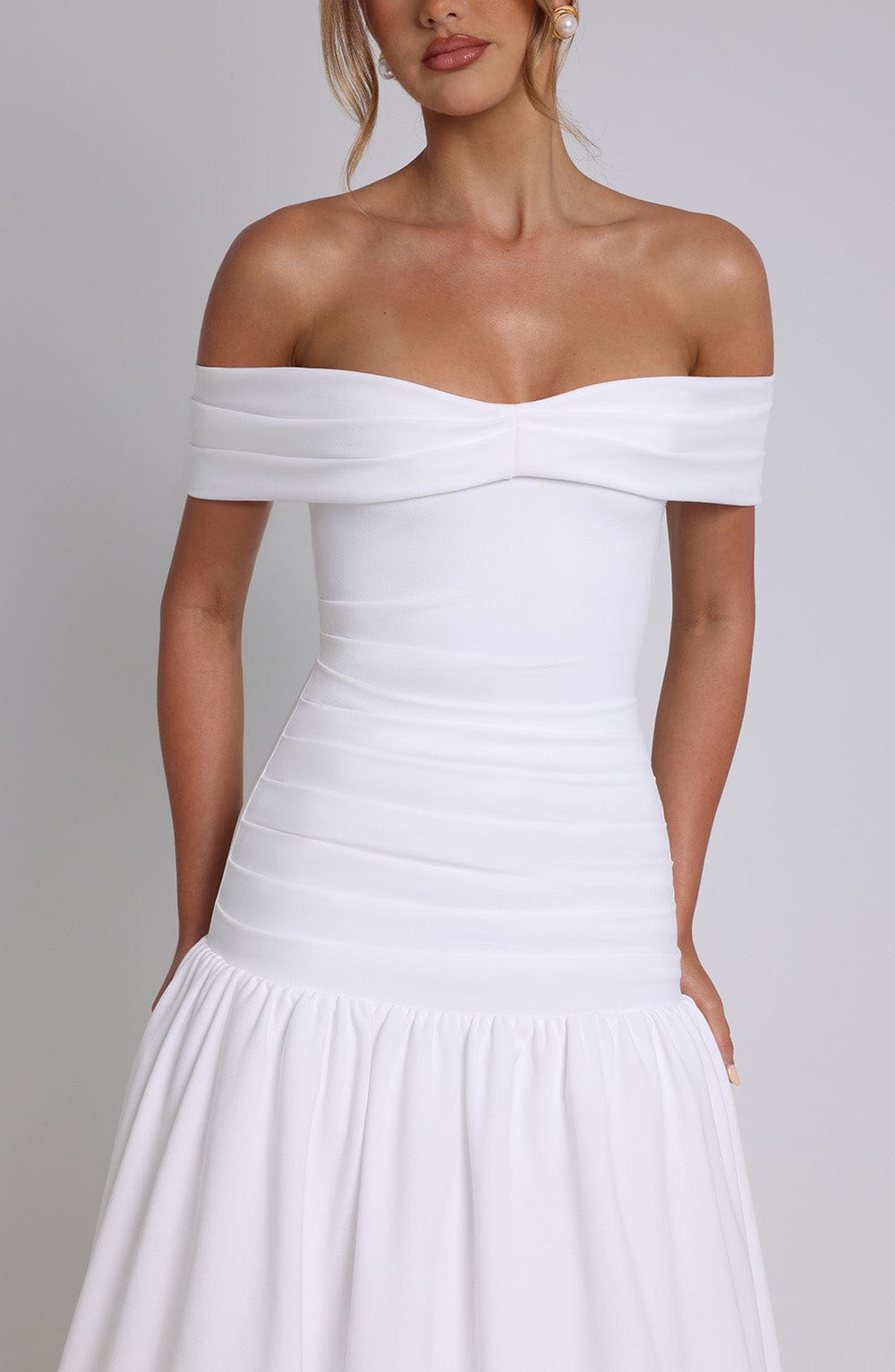 Wilhelmina | Women's Midaxi Dress with Pleated Bardot Neckline | Elegant Style for Special Occasions