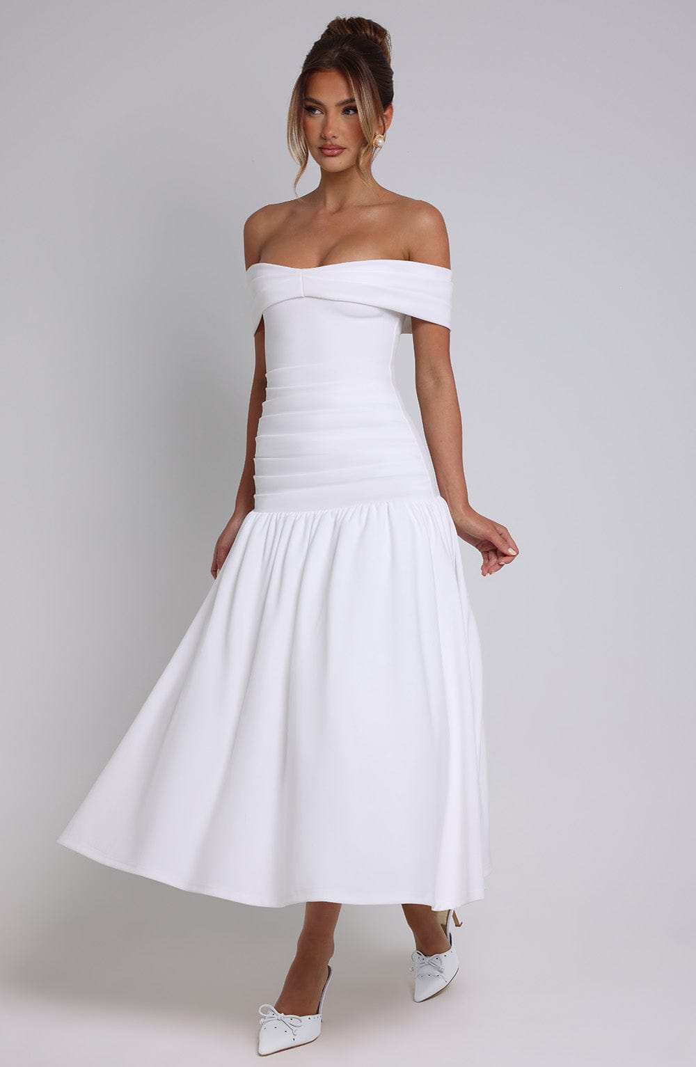 Wilhelmina | Women's Midaxi Dress with Pleated Bardot Neckline | Elegant Style for Special Occasions