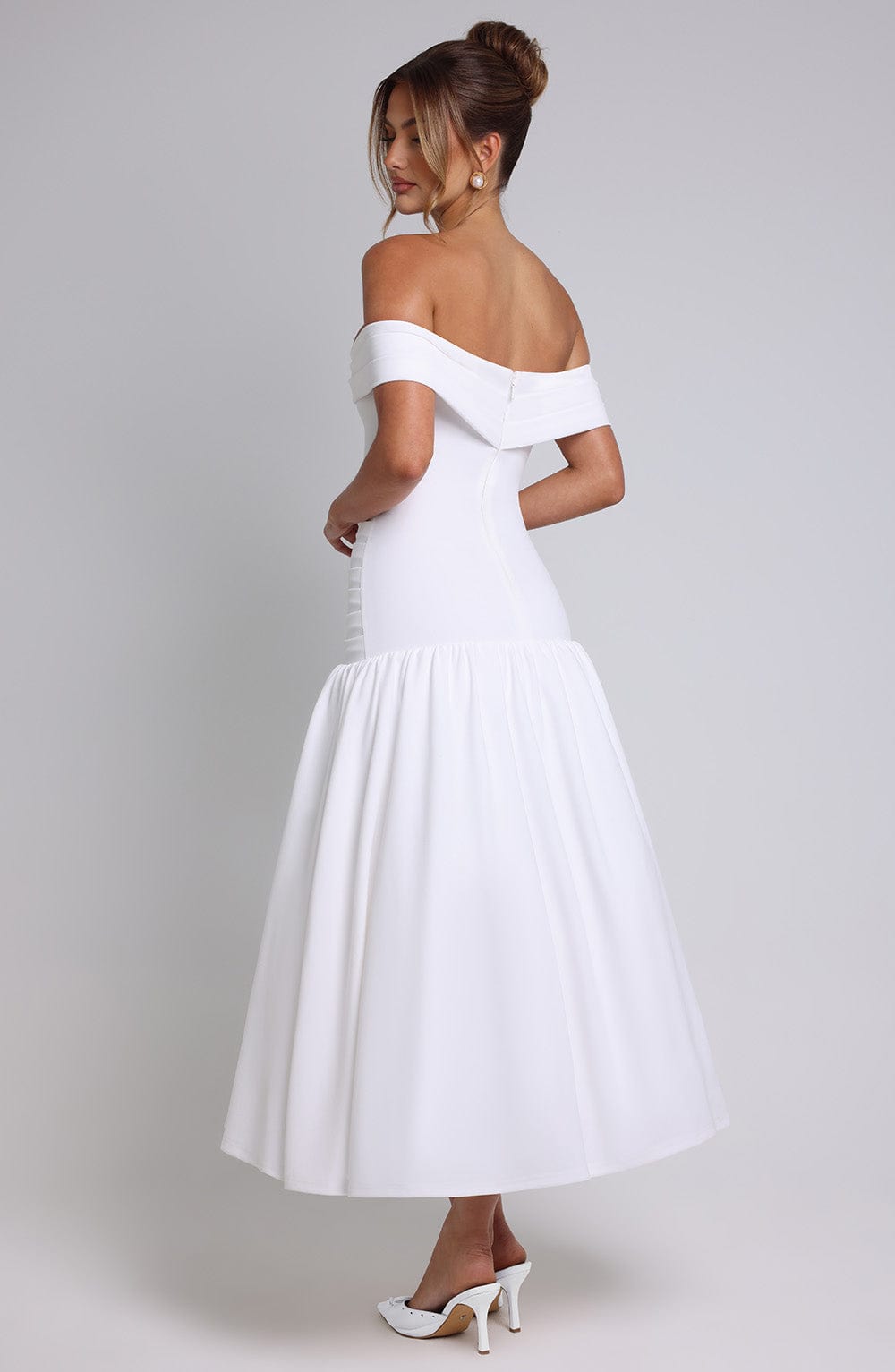 Wilhelmina | Women's Midaxi Dress with Pleated Bardot Neckline | Elegant Style for Special Occasions