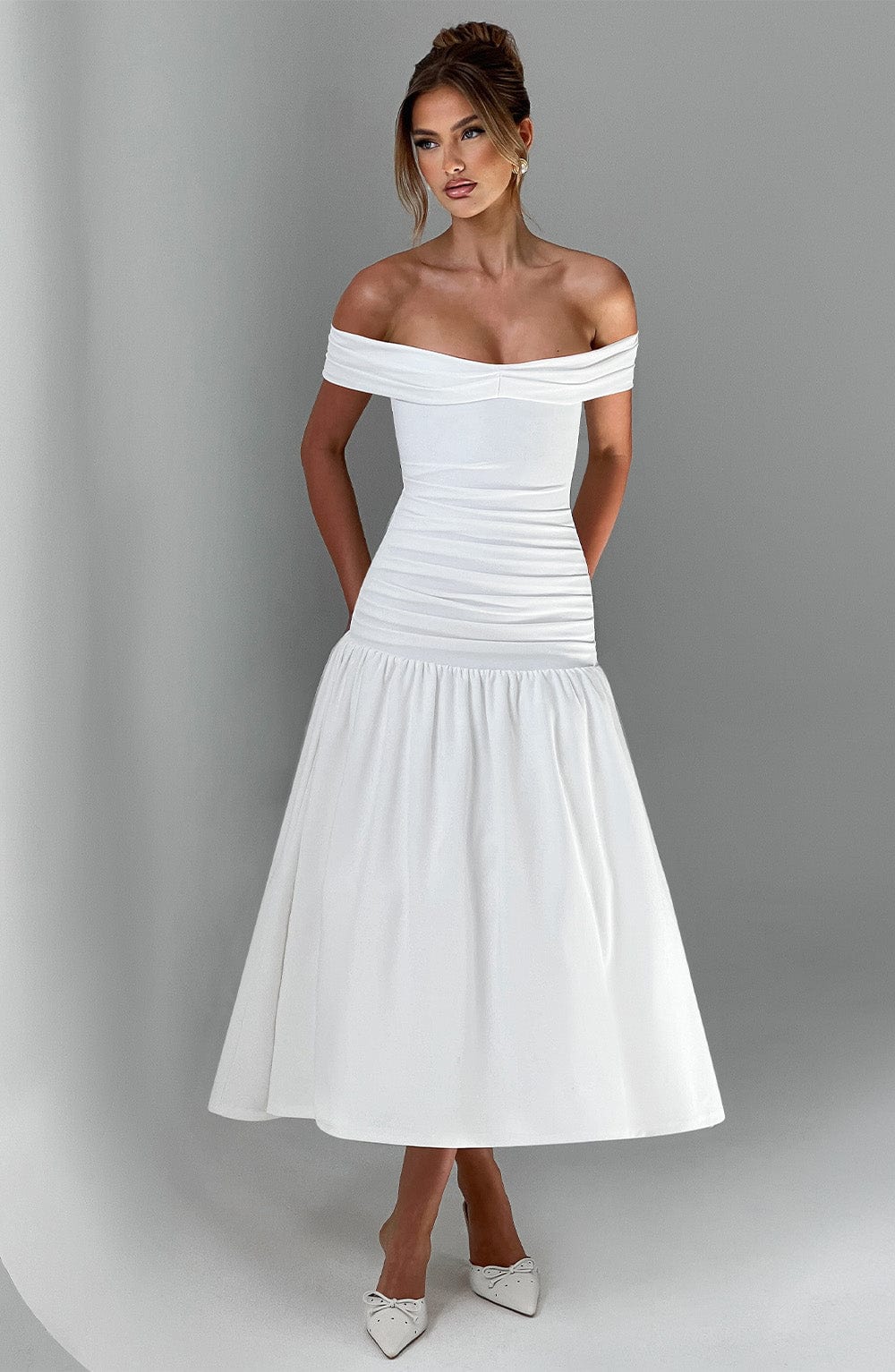 Wilhelmina | Women's Midaxi Dress with Pleated Bardot Neckline | Elegant Style for Special Occasions