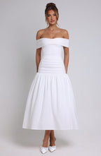 Wilhelmina | Women's Midaxi Dress with Pleated Bardot Neckline | Elegant Style for Special Occasions