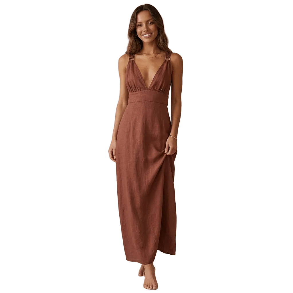 Women Maxi Dress Linen Sleeveless Deep V Neckline