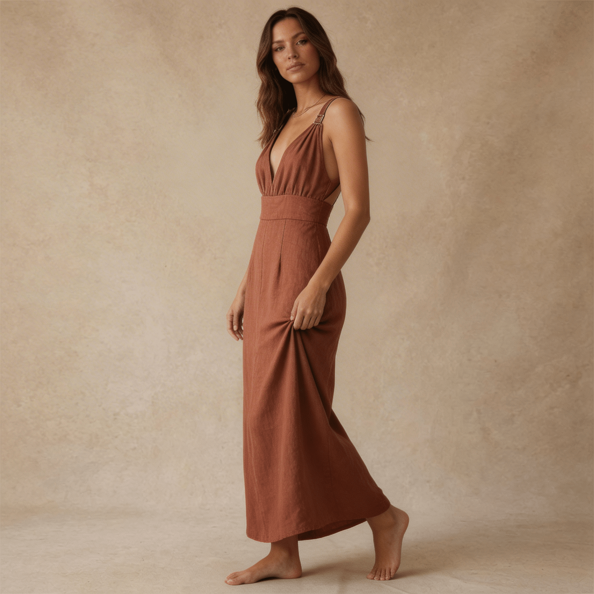 Women Maxi Dress Linen Sleeveless Deep V Neckline