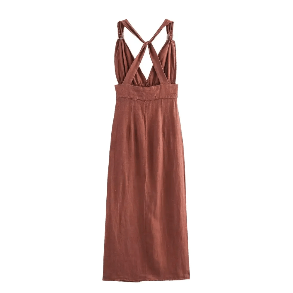 Women Maxi Dress Linen Sleeveless Deep V Neckline