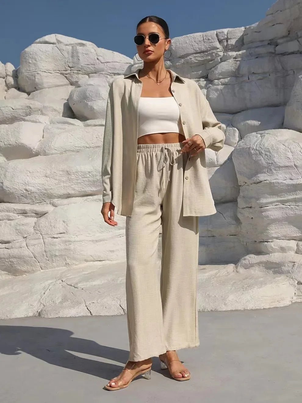 Women's Loose Fit Two Piece Set – Long Sleeve Top & Wide Leg