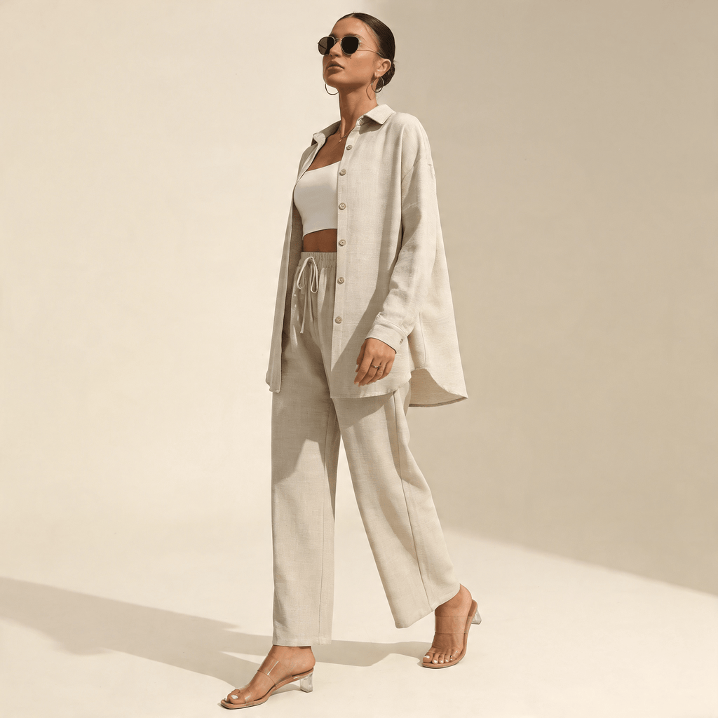 Women's Loose Fit Two Piece Set – Long Sleeve Top & Wide Leg