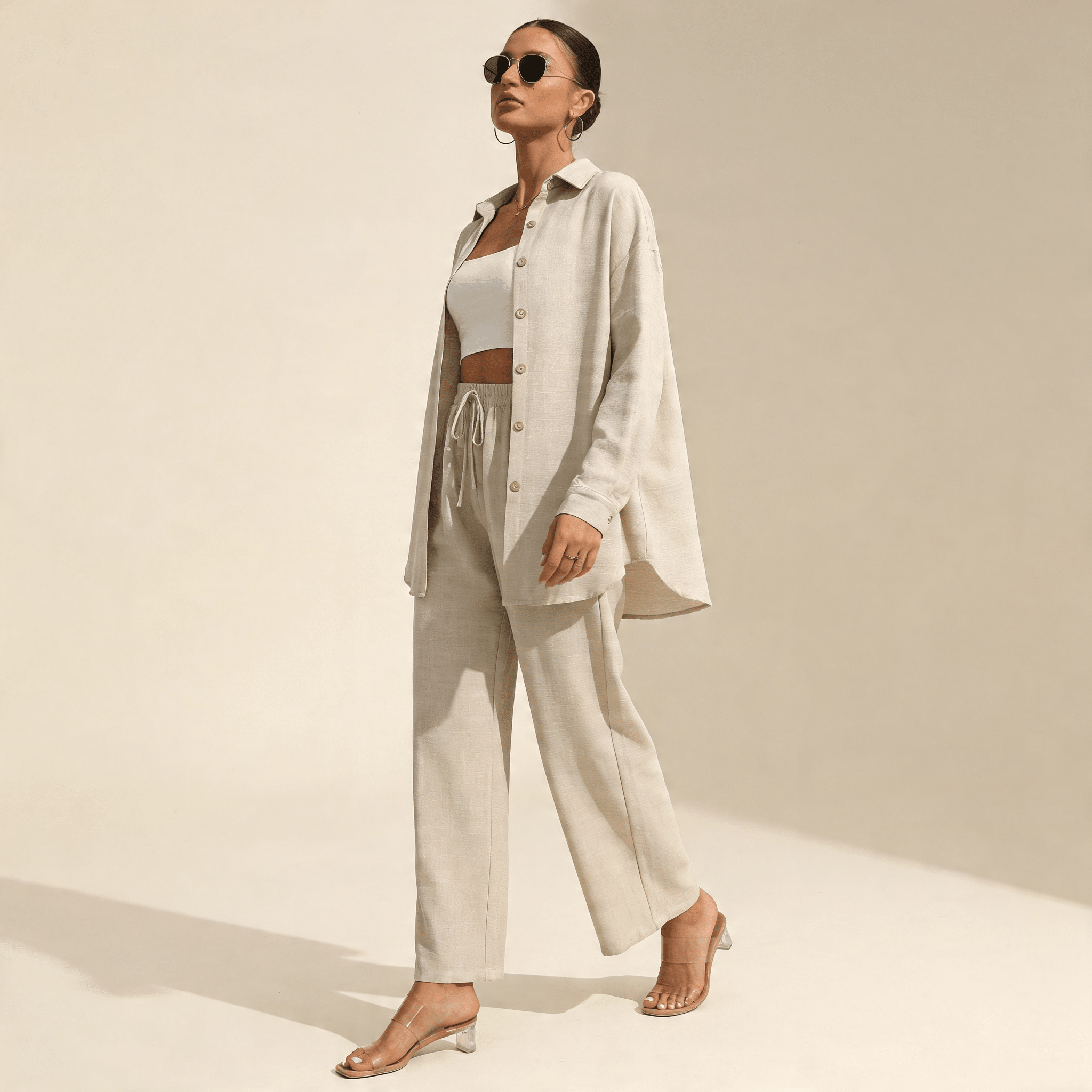 Women's Loose Fit Two Piece Set – Long Sleeve Top & Wide Leg