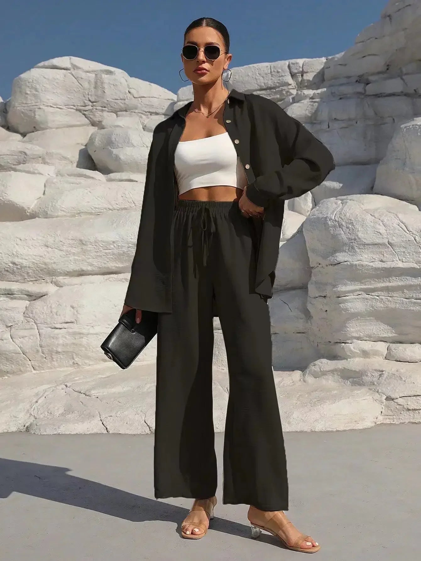 Women's Loose Fit Two Piece Set – Long Sleeve Top & Wide Leg