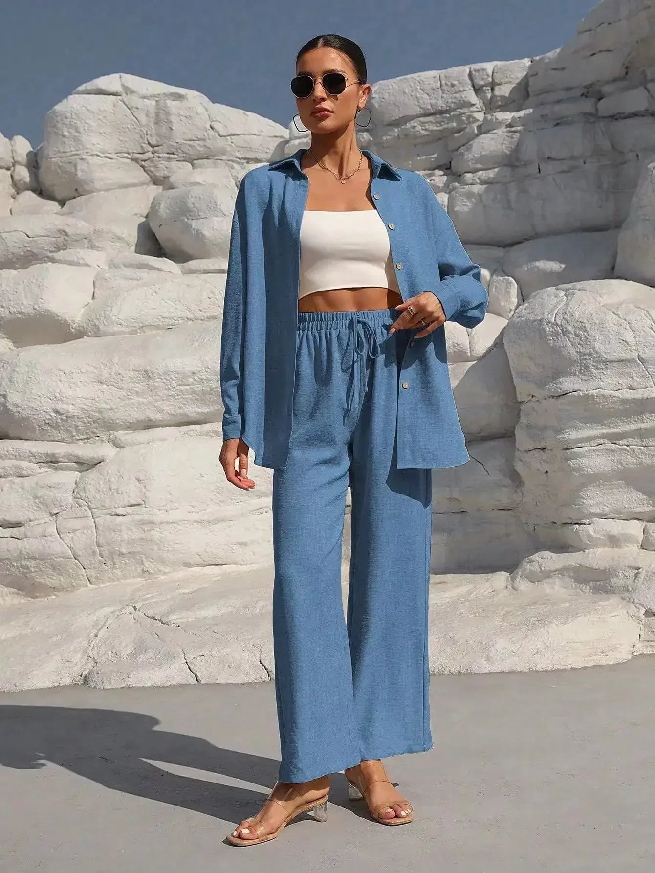 Women's Loose Fit Two Piece Set – Long Sleeve Top & Wide Leg