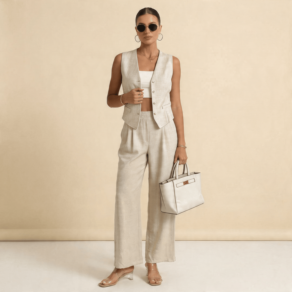 Women's Sleeveless Matching Set | Cardigan & Wide Leg Co-Ord