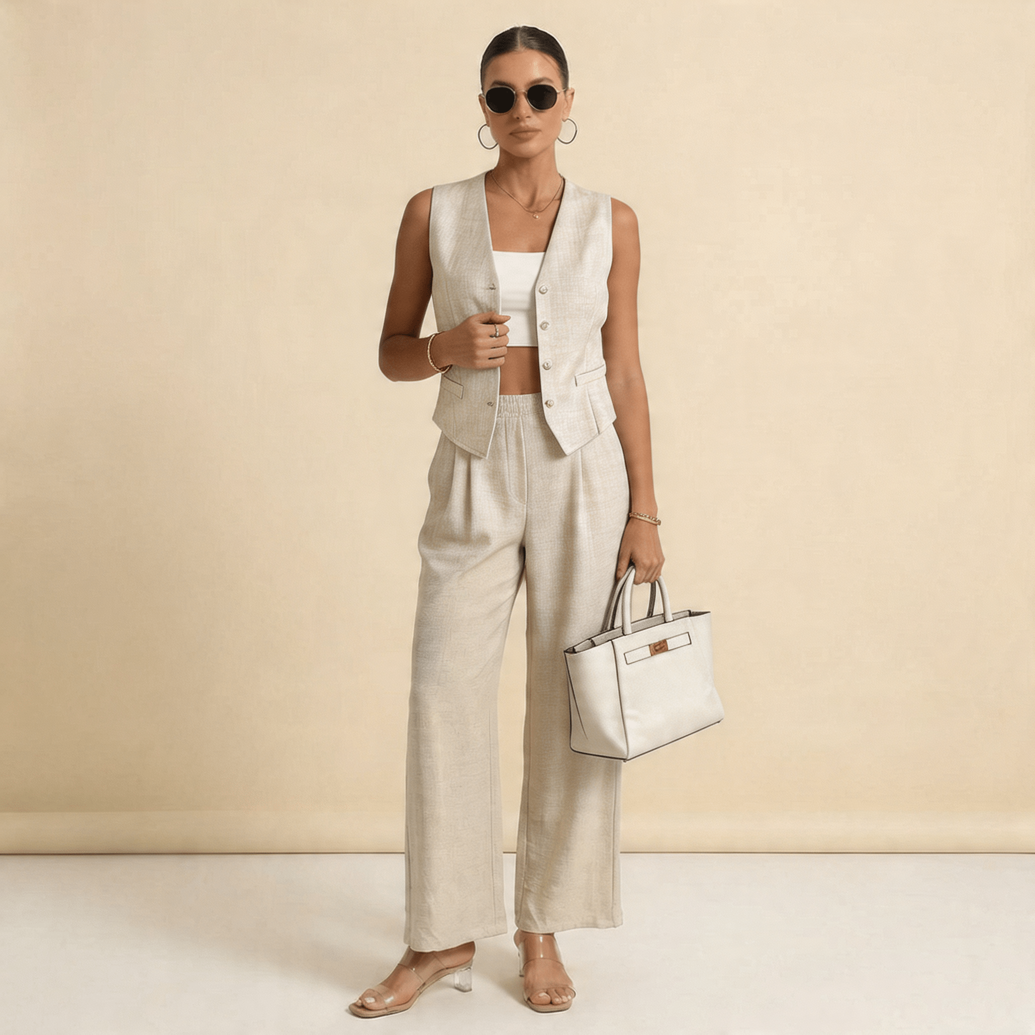 Women's Sleeveless Matching Set | Cardigan & Wide Leg Co-Ord