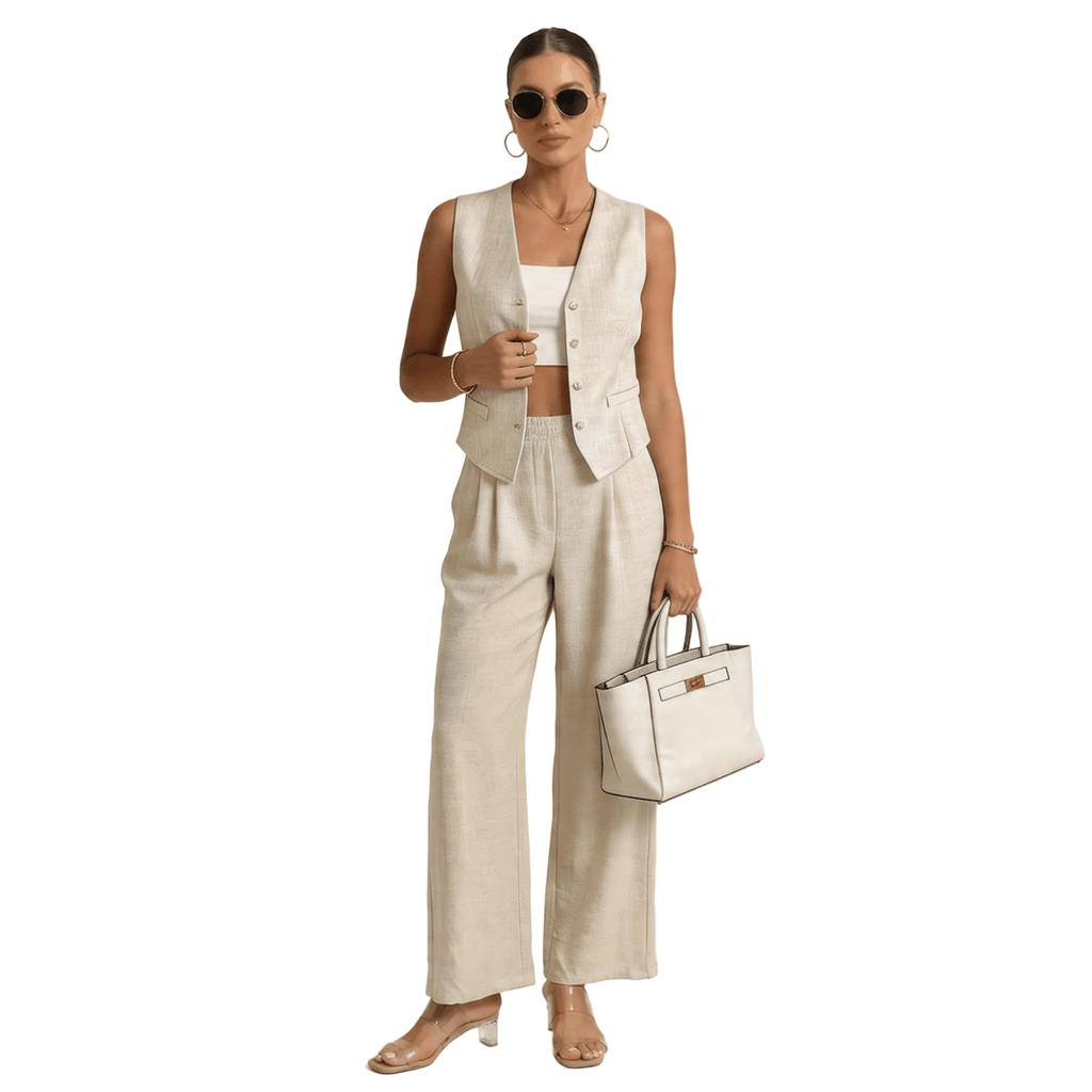 Women's Sleeveless Matching Set | Cardigan & Wide Leg Co-Ord