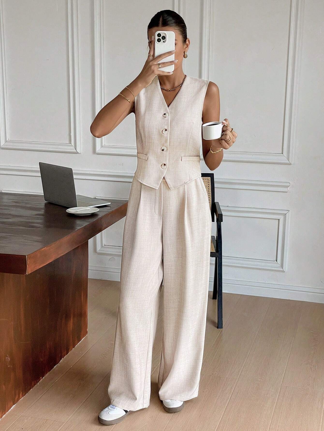 Women's Sleeveless Matching Set | Cardigan & Wide Leg Co-Ord