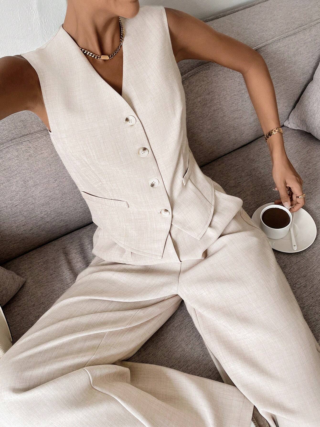 Women's Sleeveless Matching Set | Cardigan & Wide Leg Co-Ord