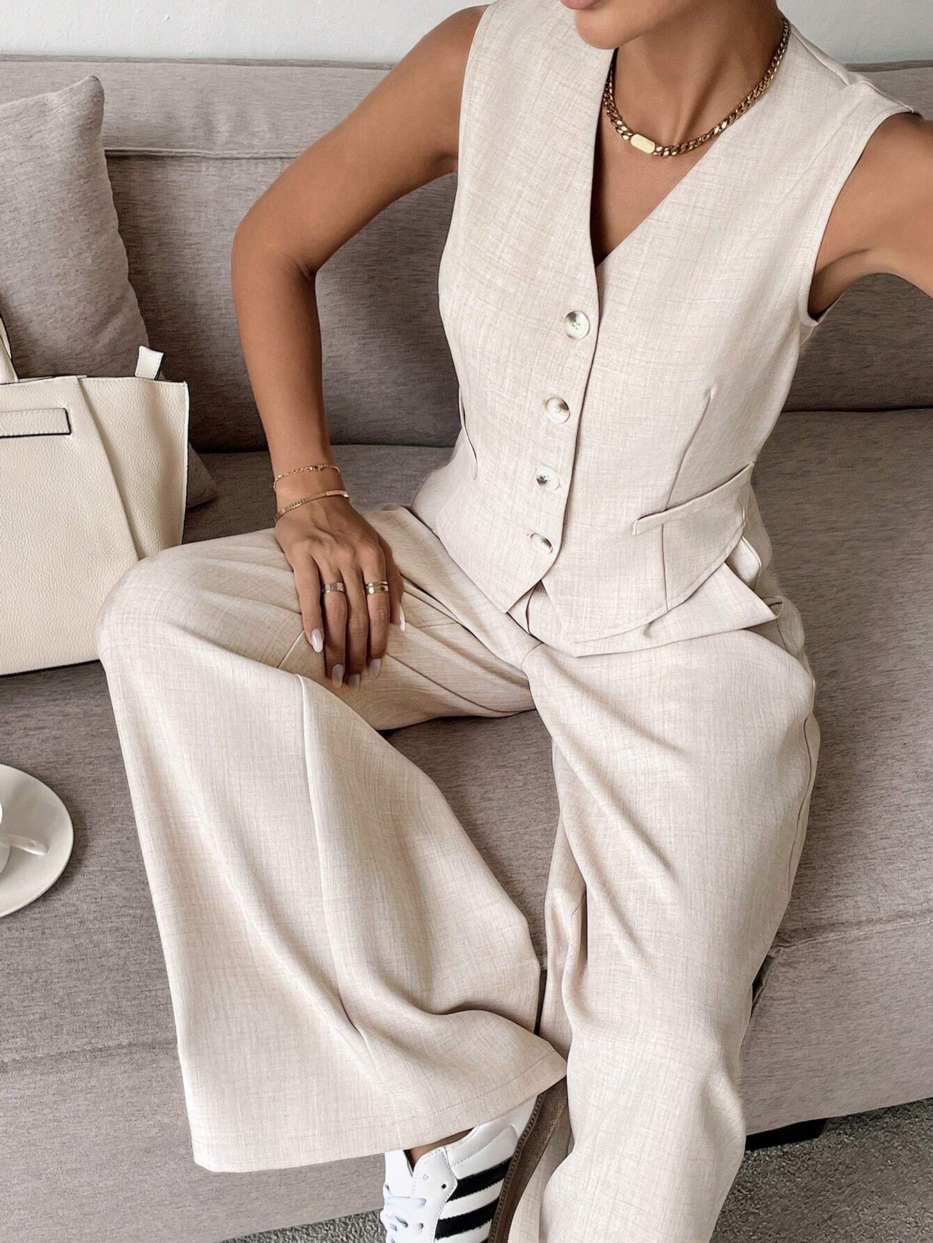 Women's Sleeveless Matching Set | Cardigan & Wide Leg Co-Ord