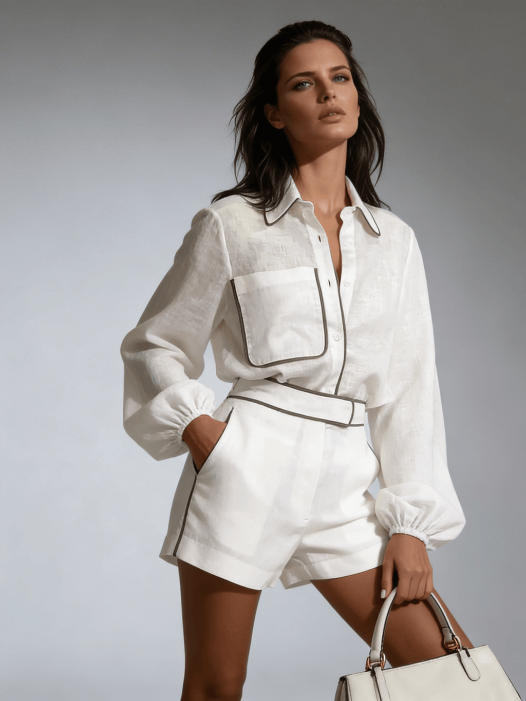 Women Two Piece Set Cotton Linen Structured Contrast Fit