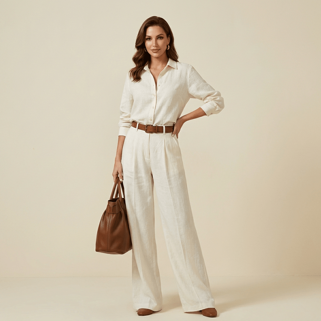 Women Two Piece Set Loose Fit Button Wide Leg Design