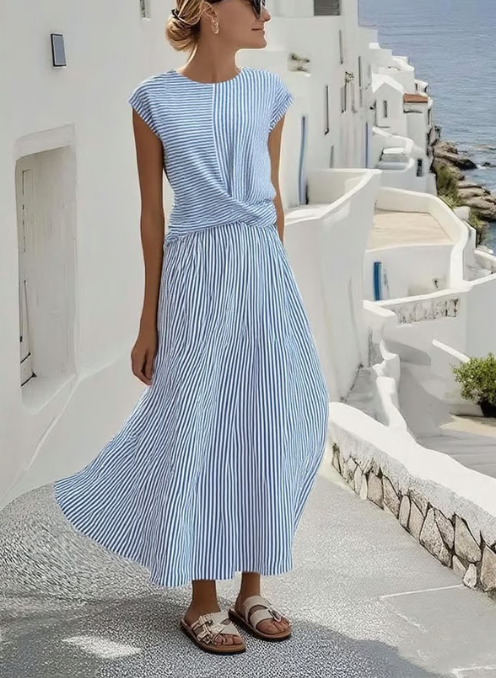 Women's 100% Belgian Linen Twist-Front Midi Dress in Blue