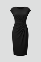 Women’s Knee-Length Dress with Round Neck and Ruched Waist
