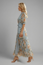 Women’s Midi Dress with V-Neck and Floral Pattern