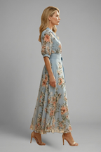 Women’s Midi Dress with V-Neck and Floral Pattern