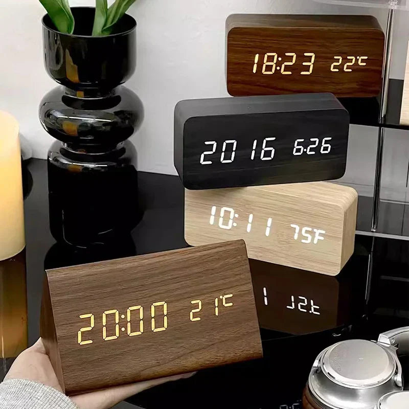 Wooden Digital Alarm Clock — Brightness & Temp Display