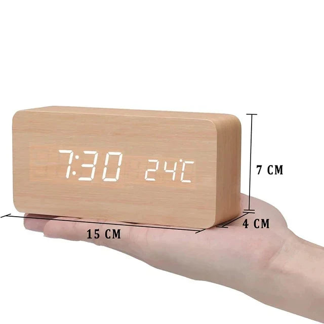 Wooden Digital Alarm Clock — Brightness & Temp Display