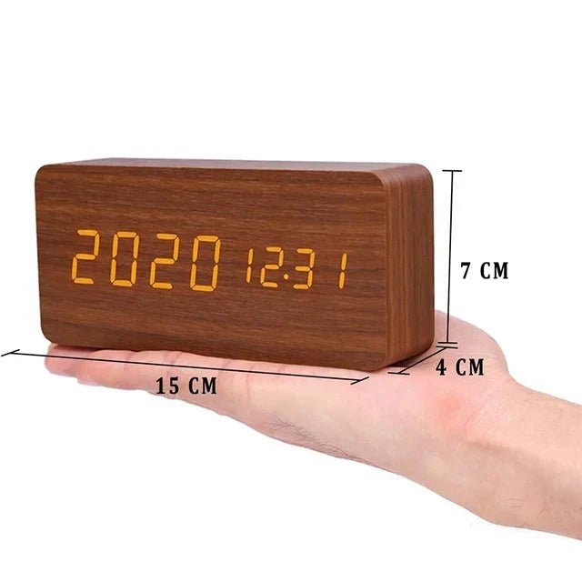 Wooden Digital Alarm Clock — Brightness & Temp Display