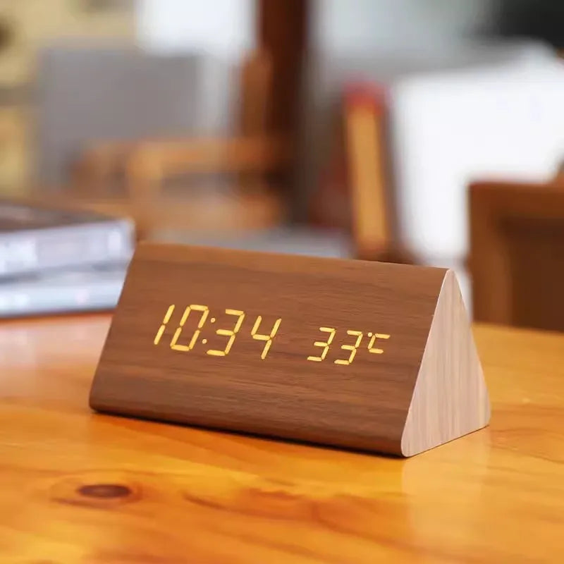 Wooden Digital Alarm Clock — Brightness & Temp Display