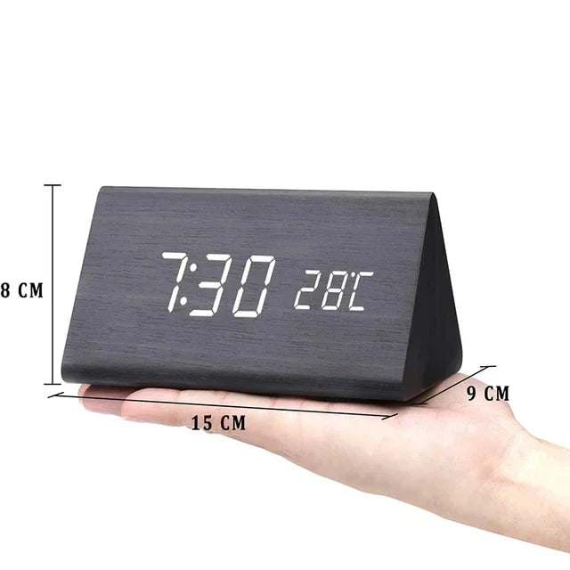 Wooden Digital Alarm Clock — Brightness & Temp Display