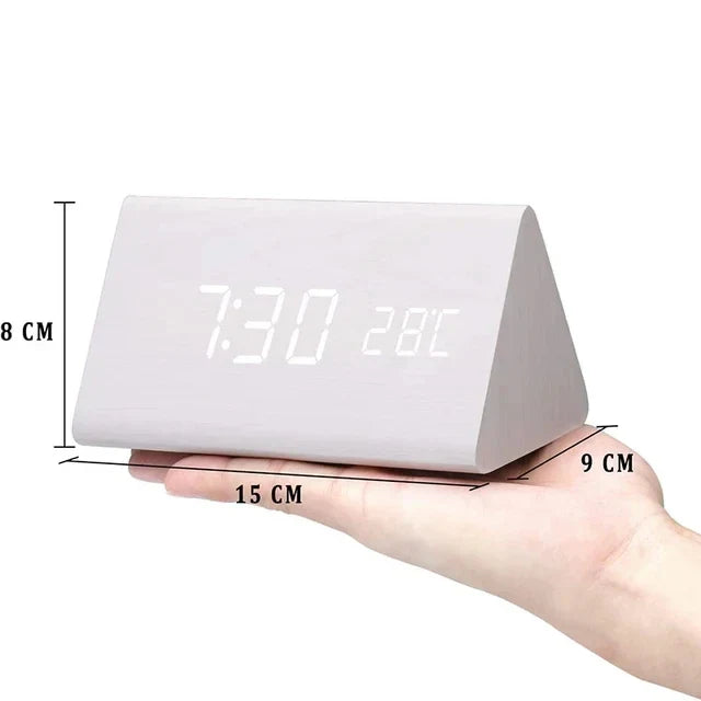 Wooden Digital Alarm Clock — Brightness & Temp Display