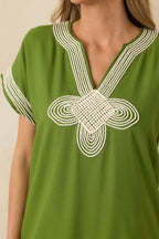 Women's You Know the Feeling Matcha Green Embroidered V-Neck Maxi Dress | 60% Viscose & 40% Linen 1