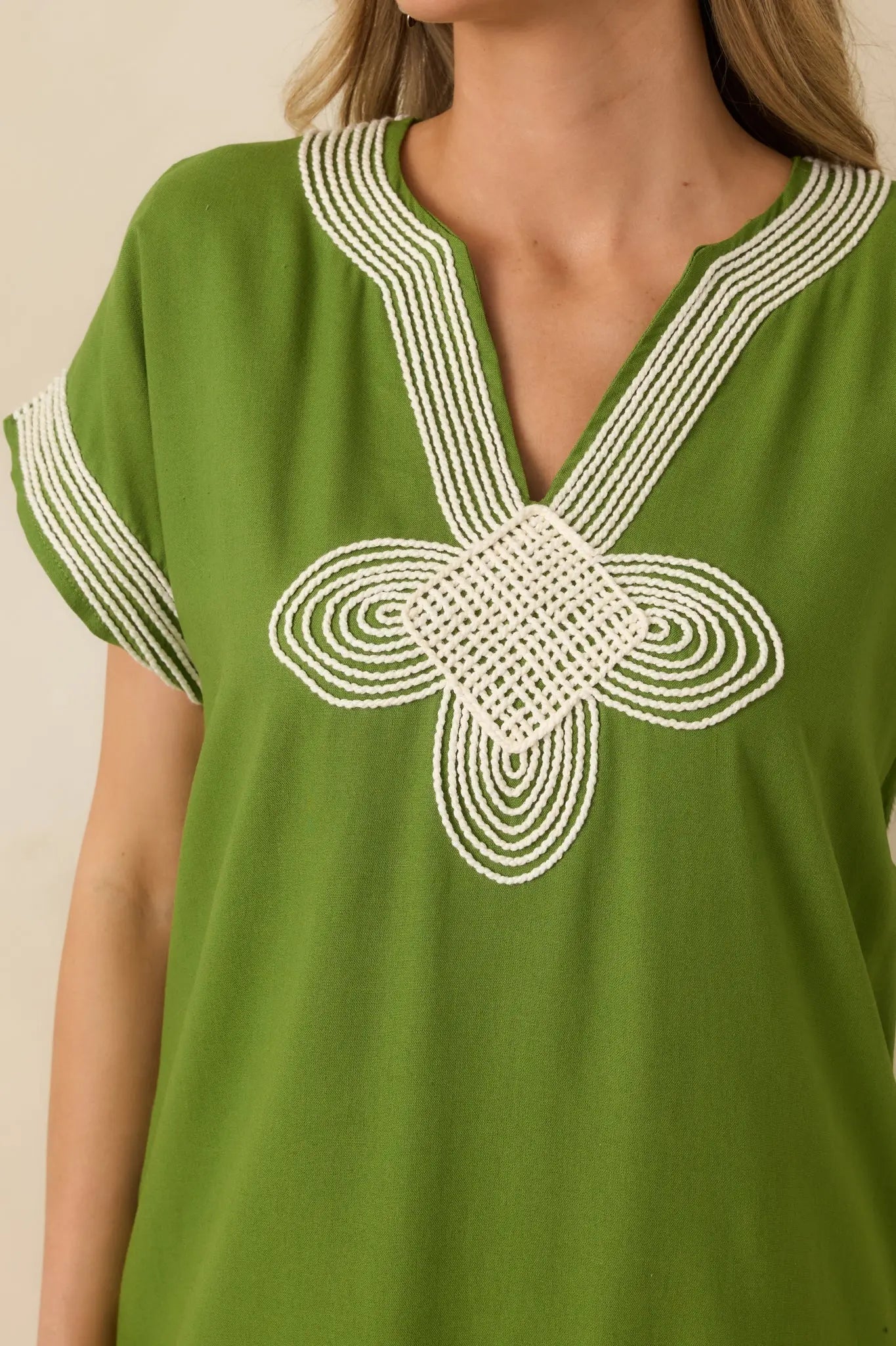 Women's You Know the Feeling Matcha Green Embroidered V-Neck Maxi Dress | 60% Viscose & 40% Linen 1